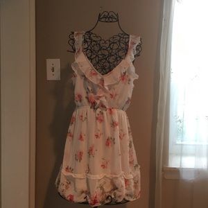 White floral dress with ruffle accent